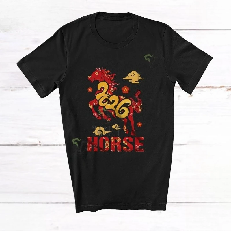 

2026 Amusing Happy Lunar New Year Horse Flowers Family Group Crewneck T-Shirt High quality cotton Adult mens graphic tshirts