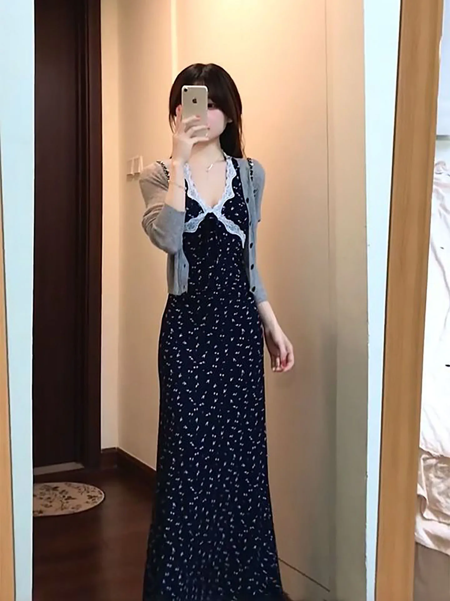 

2026 New Gentle Elegant Lace Trim Necktie Dress Grey Sun Protection Open Cardigan Two Piece Set Women's Fashion Summer Outfit