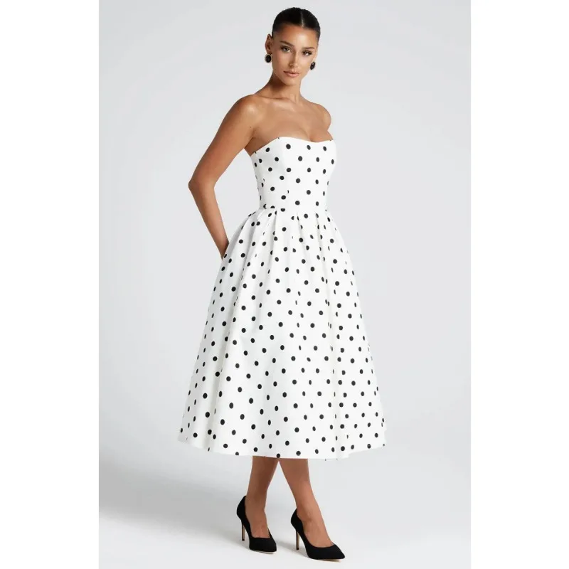 Vestido de cóctel sin tirantes con hombros descubiertos para mujer, elegante vestido de noche Formal para graduación y boda con falda plisada de lunares