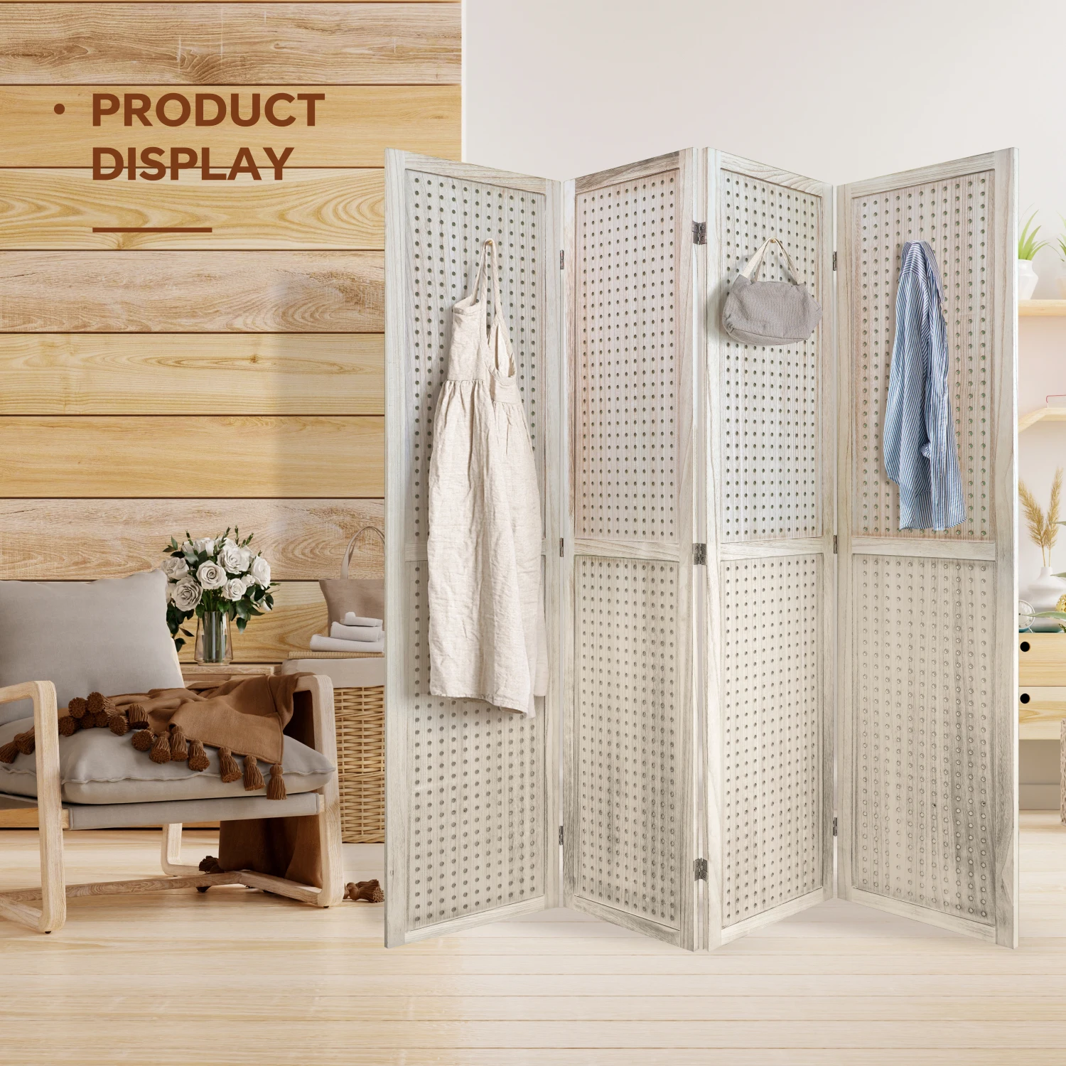 

4 Panel Room Divider, 5.6Ft Pegboard Display Wooden Room Divider Folding Privacy Screen Room Divider Freestanding Peg Board Disp