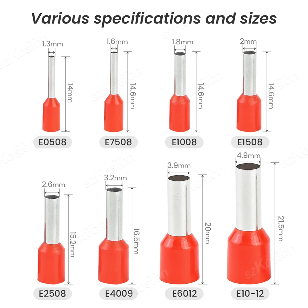 E0508 E7508 E1008 E1508 E2508 E4009 E6012 E10-12 Insulated Ferrules Terminal Block Cord End Wire Connector Electrical Crimp