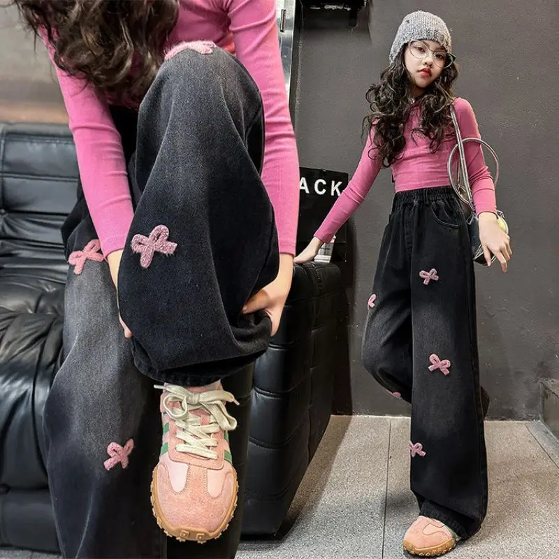 2026 New Girls Jeans Spring Autumn Girls' Black Pants for Spring and Autumn Wide Leg Pants for Middle School Students