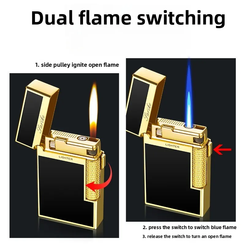 Pemantik Gas Pengalih Api Ganda Versi Sempit Bergaya, Pemantik Pengapian Slip Samping Roda Gerinda, Logam, Gadget Pria