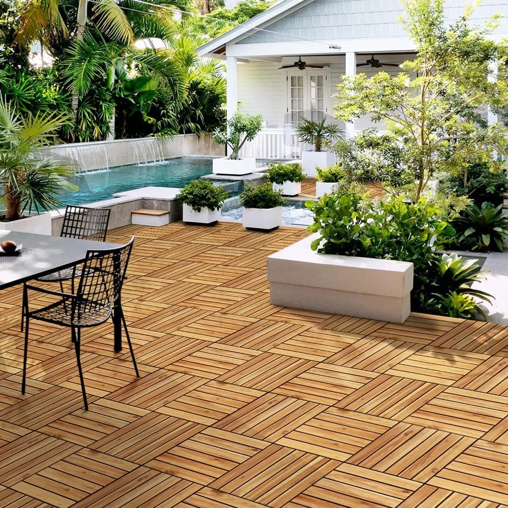 Acacia Wood Interlocking Flooring Tiles Waterproof Flooring for Outdoor & Indoor Patio,Balcony,Garden,Poolside,12 × 12 in