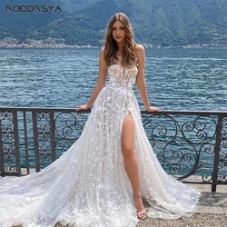 RODDRSYA Beach Lace 3D Flowers Appliques Wedding Dress High Split Bridal Gown Party Strapless Sleeveless A-Line Vestido De Novia