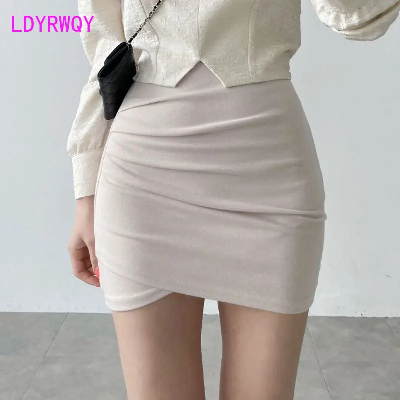 Elastic Waist Pleated Wrapped Hip Skirt Sexy Versatile Short Skirt Half Skirt Women's Simple and Tight Style One Step Skirt