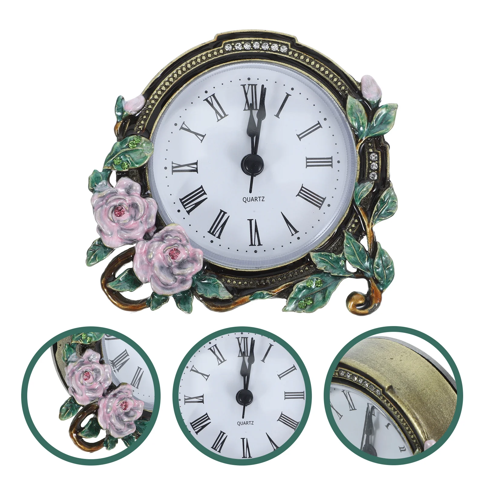 

Mini Desktop Enamel Flower Vintage European Style Silent Table Clock For Home Office Decor Retro Mantel Clock Decor