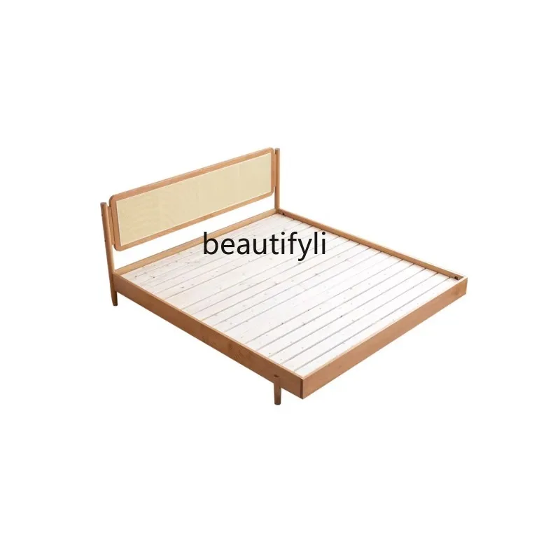 Customized Cherrywood Solid Wood Bed 1.5 1.8 M Nordic Bedroom Modern Japanese Black Walnut Log Bed Rattan Double Bed