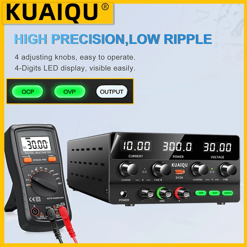 KUAIQU OCP OVP Lab DC Power Supply 160V 2A 30V 10A Adjustable Switching Power Source USB 5V2A Voltage Regulator for PCB Repair