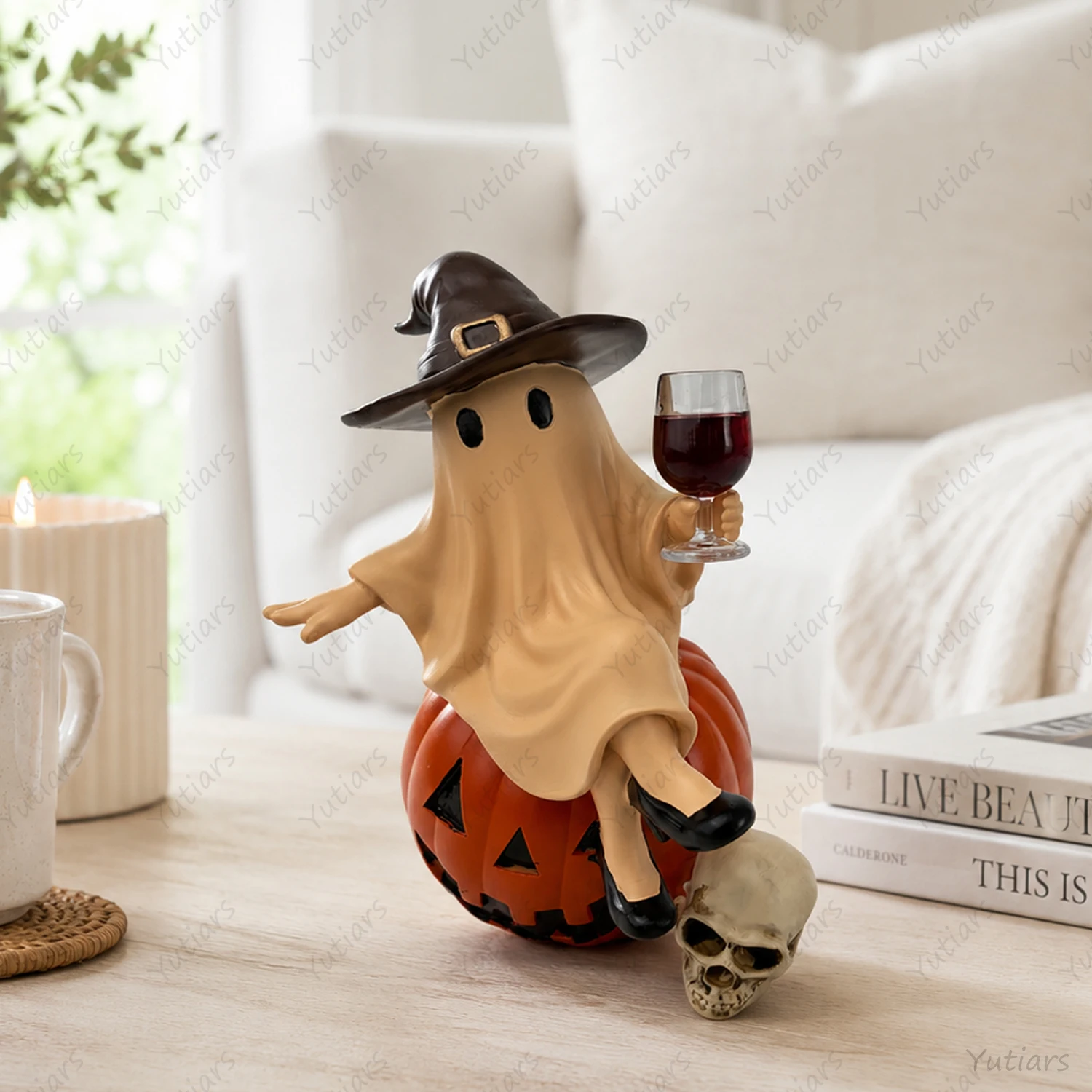 Halloween Ghost Figurine Resin Statue Witch Hat Wine Glass Cute Spooky Home Decor Ornament Tabletop Decoration Gift for Party