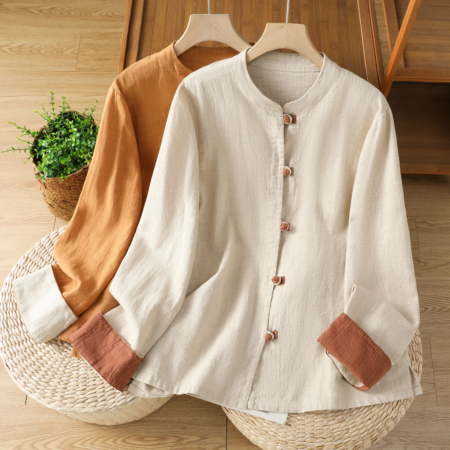 

High Quali Casual Cotton Long Sve round Ne irt Women's Outerwear Pure Color Good Quali Spring Autumn New Chinese A...