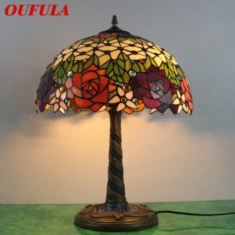 

OUFULA Tiffany Glass Table Lamp LED Creative Retro Flowers Desk Light Fashion Decor For Home Living Room Bedroom Bedside