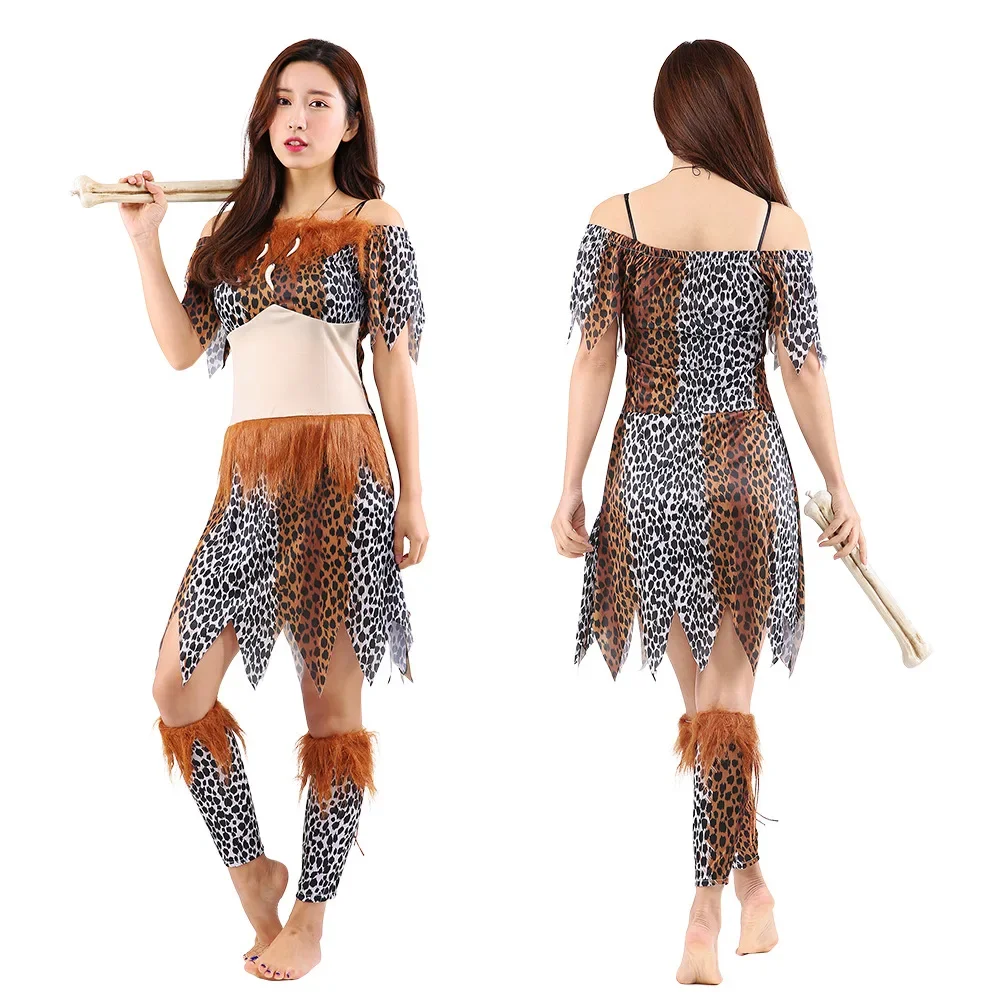 Disfraz de cueva salvaje para hombre, mujer, niño, niña, estampado de leopardo, Cosplay de Halloween