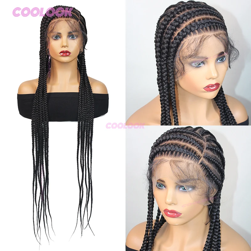 

36-дюймовые плетеные парики с боковой частью, синтетический парик для женщин, косички, полный парик с кружевной передней частью, плетеные парики