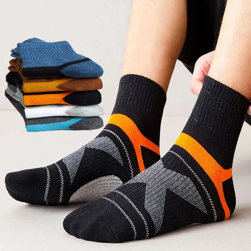 5Pairs High Quality Cotton Spring Autumn Men's Socks Running Casual Breathable Active Socks Stripe Sport Socks Size38-45