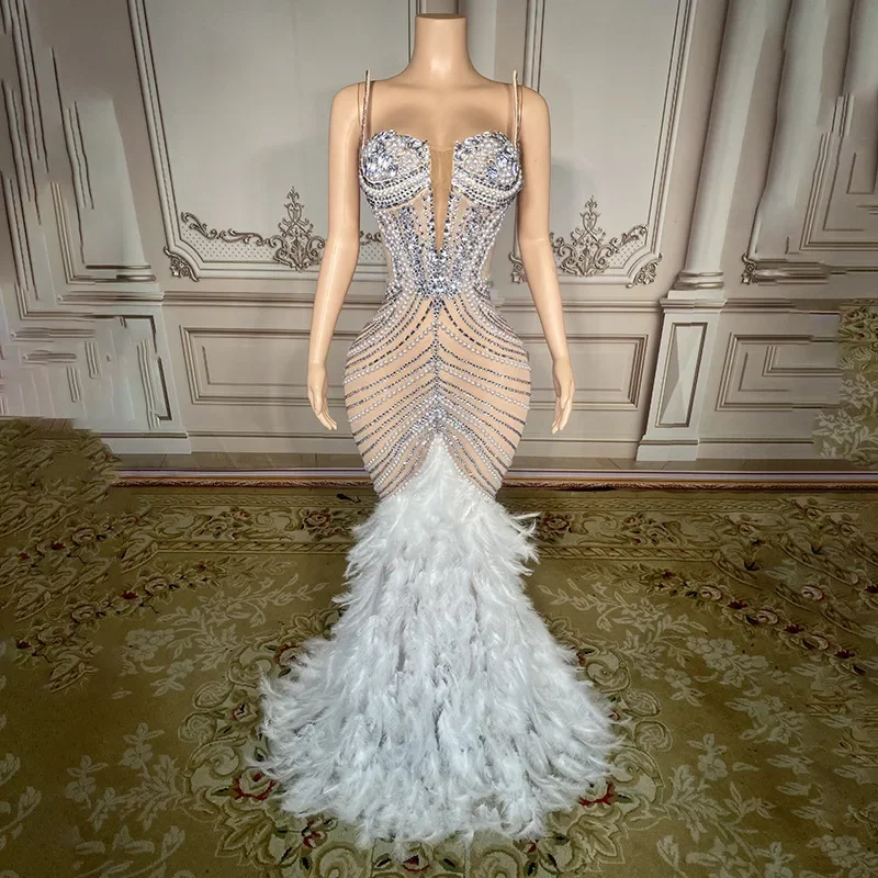 Luxury Birthday party dresses Wedding pearls gown Feather Bride Diamond Dress showgirl outfit  Celebrate Red Carpet Host Dress