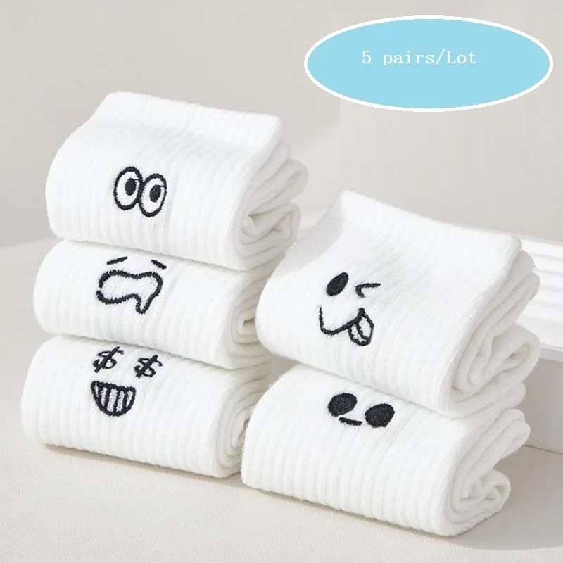 5 Pairs White Women Men Cartoon Socks Trendy Versatile Expression Socks With Design Soft Breathable Comfortable Casual Socks