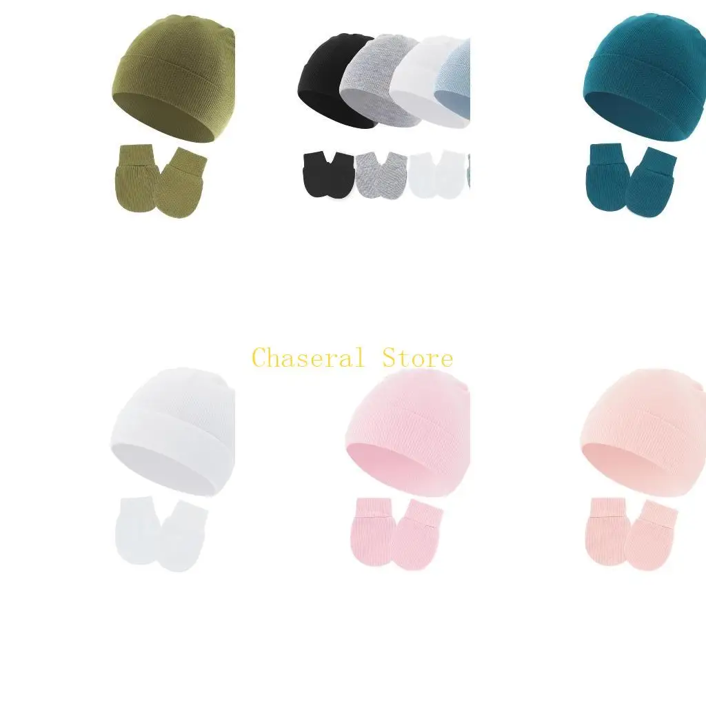 

E7CE Infant Bonnet Caps Newborns Bonnet with Matching Anti-scratch Gloves Set