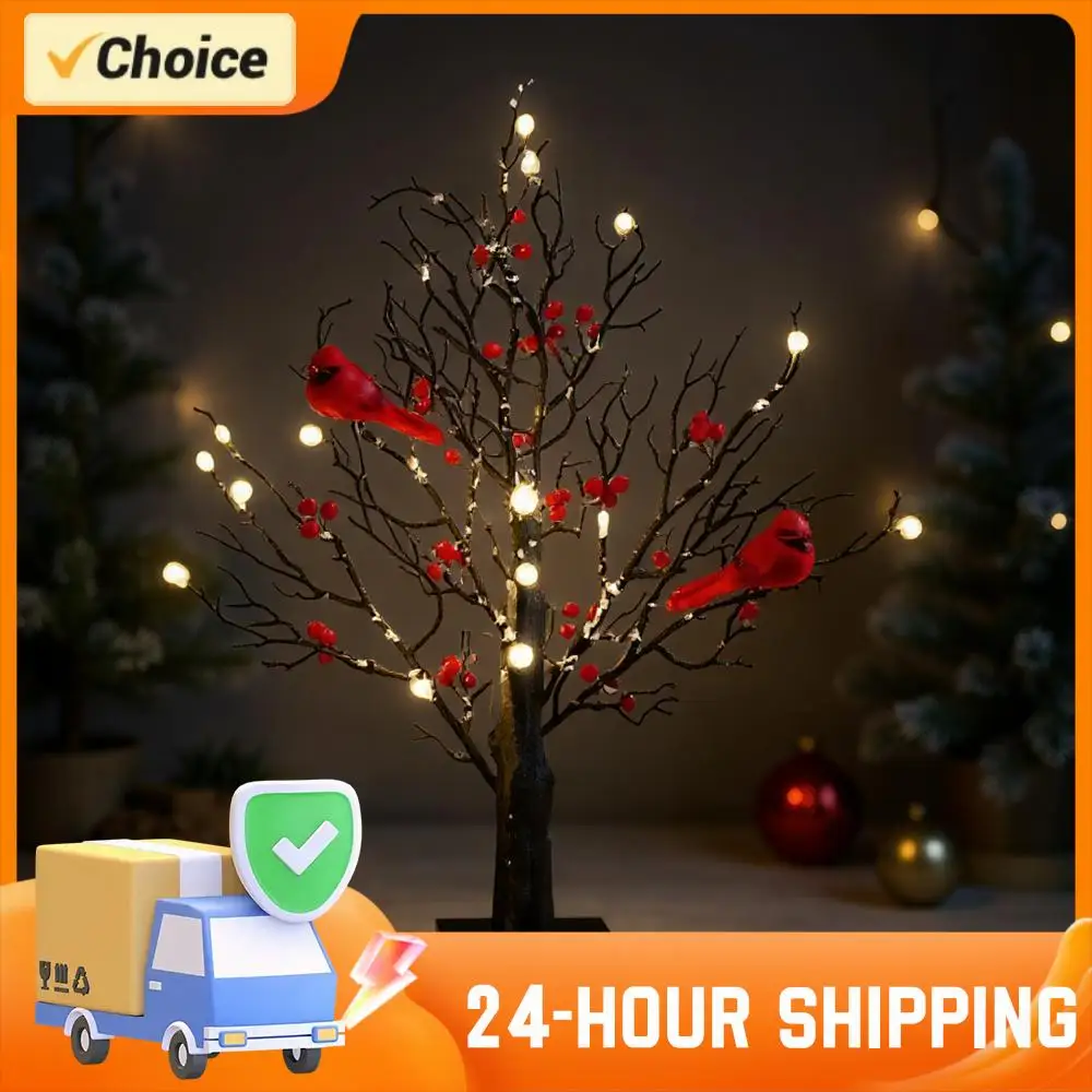 1-2 قطعة شجرة متوهجة خمر مع الكرادلة شجرة الطيور الحمراء ضوء شجرة وميض مصباح ل الطاولة محور عيد الميلاد ديكور المنزل الداخلي #3