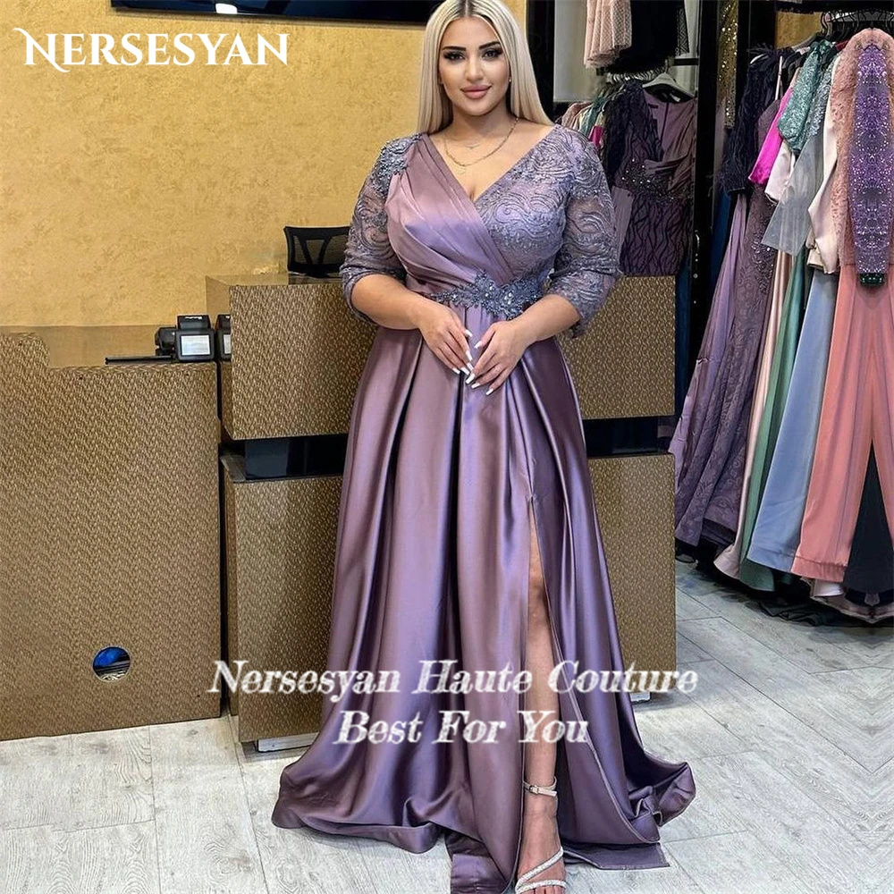 Nersesyan Purple Lace Fromal Evening Dresses V-Neck Glitter Beading Long Sleeves Prom Dress Side Slit Pleats Wedding Party Gowns