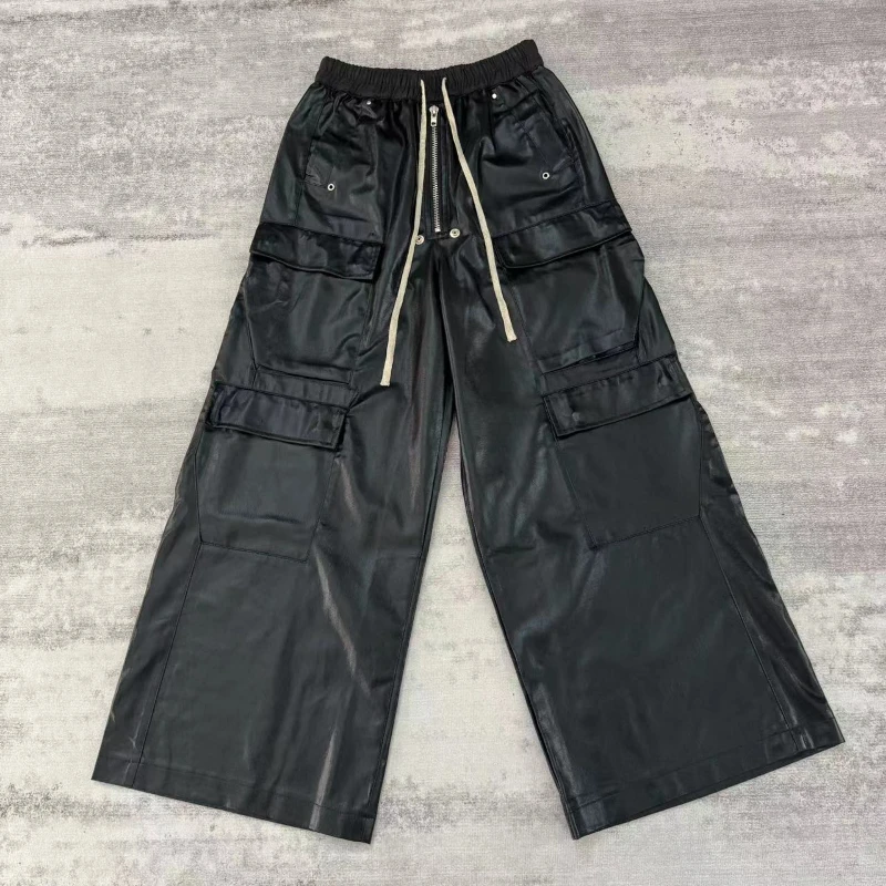 High Street Fashion Glossy Multipocket Straight Cargo Pant Casual Wide Leg Pant Full Length Baggy Pants Men Trouser