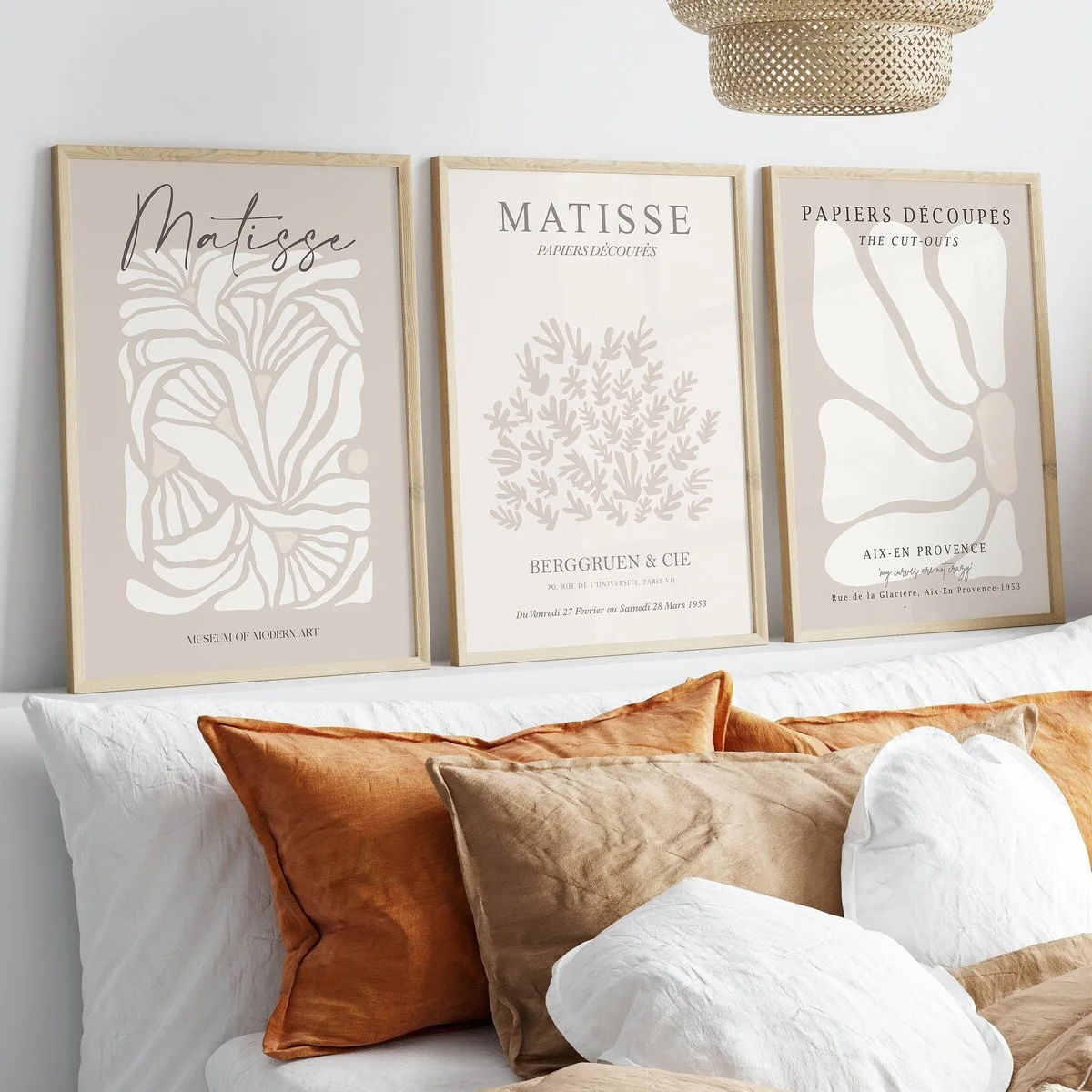 Set of 3 Bohemian Neutral Beige Matisse Canvas Wall Art Prints, Gray Beige Sage Matisse Prints, Minimalist Matisse Posters, Floral Wall Art, Art