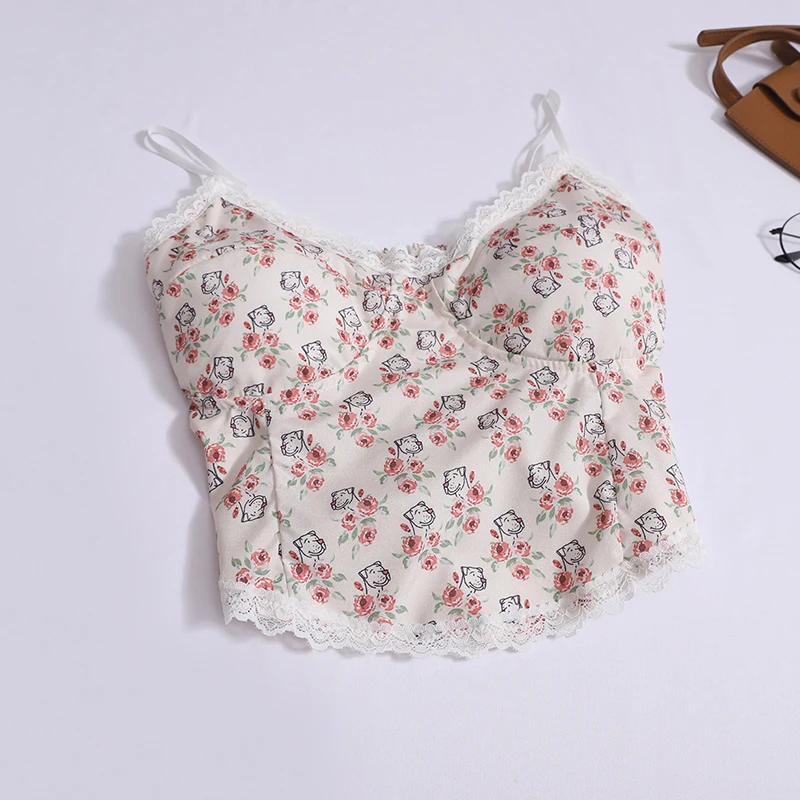 Lace Floral Camisole Top Women Wear Camisoles Short Tank with Thin Straps Crop Tops