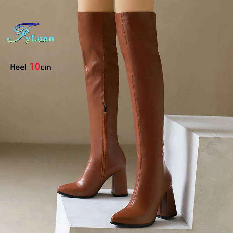 

Женские сапоги выше колена с острым носком, удобные клубные туфли для вечеринок на блочном каблуке 10 см, осенне-зимние женские сапоги до бедра, размер 34-50