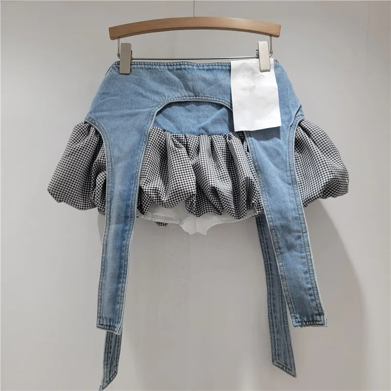 HKSH Letnia Nowa Damska Moda Y2K High Street Oryginalny Design Gorąca Denimowa Łatka Krata Modna Spódnica A-line Bufiasta HK6260