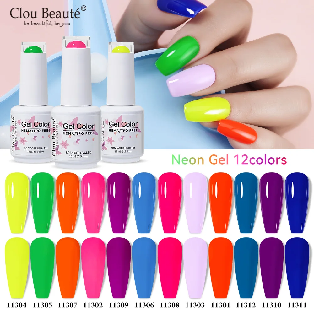 

Clou Beaute Bright Neon Gel Nail Polish Yellow Green Blue Purple HEMA TPO FREE Varnish Gel Polish Nail Art Semi Permanent Nail