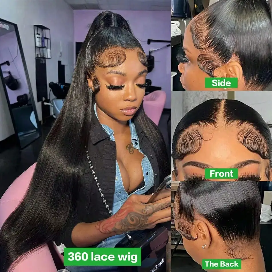 Pelucas con frente de encaje de 360 grados, densidad 250, cabello humano, 38 pulgadas, peluca lisa con cordón invisible, fácil de usar para principiantes, cabello brasileño para mujeres.
