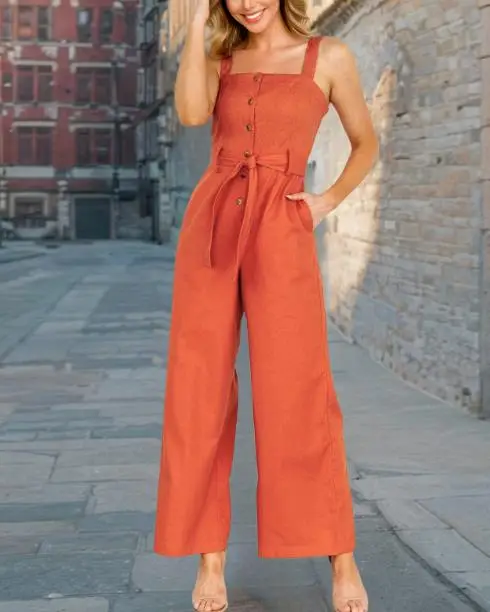 Tuta da donna nuova cintura alla moda da donna senza maniche cinturino con bottoni a vita alta con coulisse gamba larga ampia tuta da donna