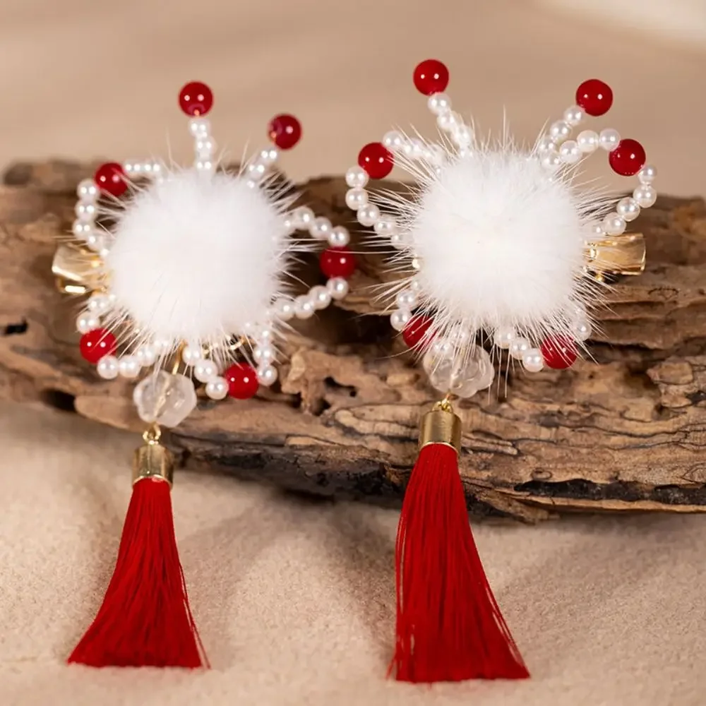 Children Hairpin Chinese New Year Hanfu Hair Clips Pearl Duckbill Clips Red Plush Ball Tassels Tang Suit Ancient Headwear