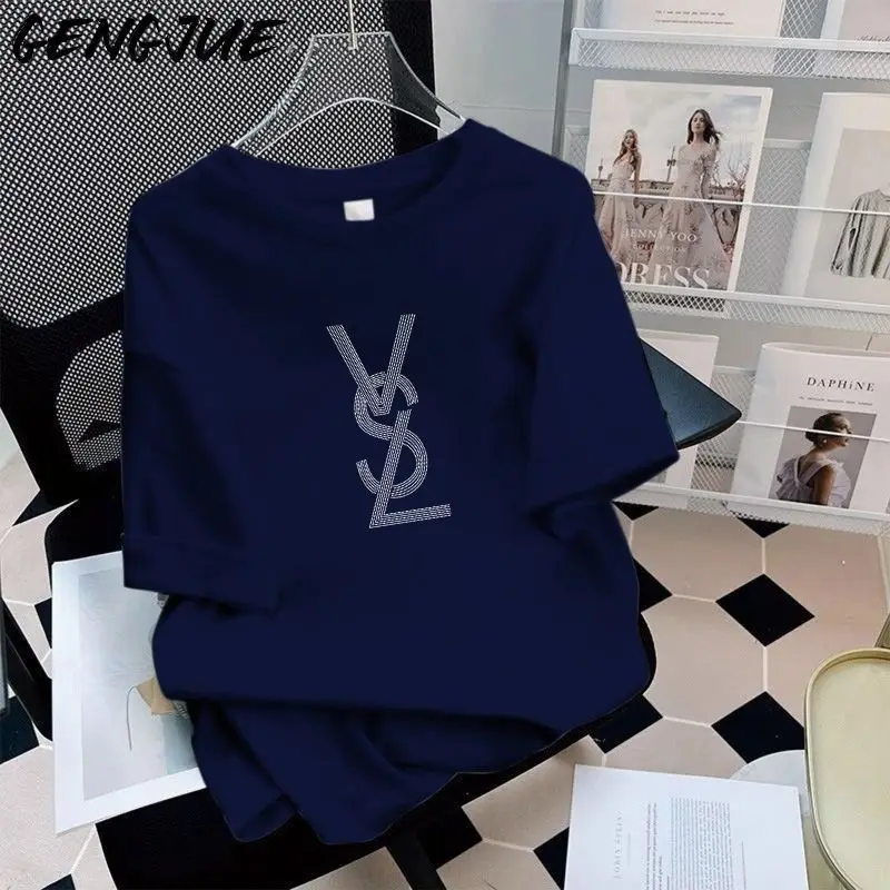 Camiseta de manga corta Retro de estilo americano de algodón puro 100% para mujer, Top informal holgado con estampado de letras a la moda de verano y cuello redondo