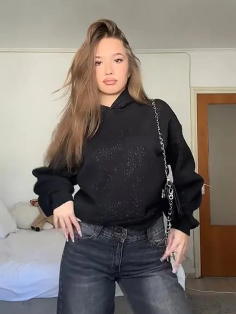 

Fashion Long Sleeve Glitter Zipper Coat for Women Casual Sequin Loose Female Hooded Sweatshirt 2026 Spring Autumn Outwear Street