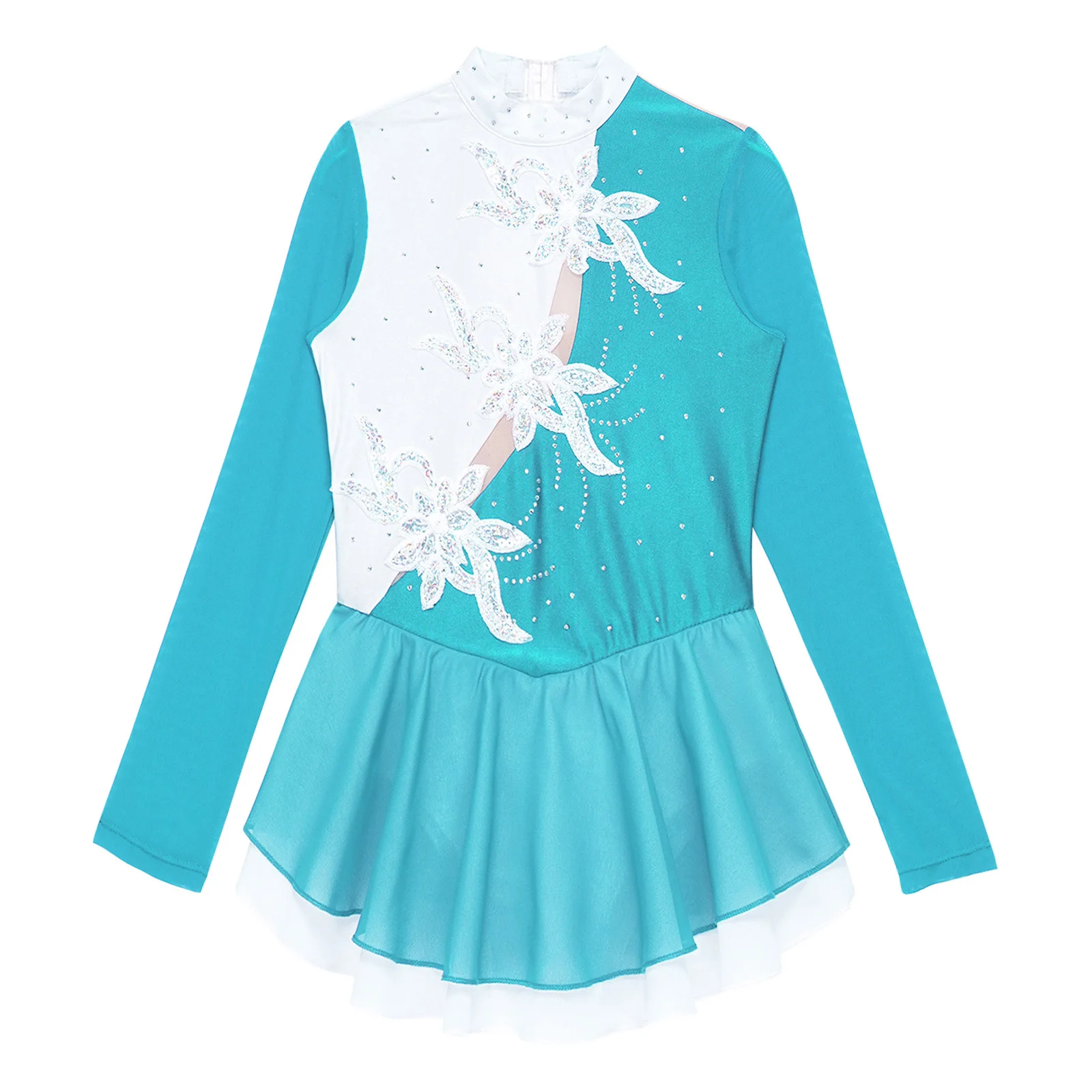 Kinder Mädchen Sheer Mesh Eiskunstlauf Kleid Langen Ärmeln Pailletten Strass Dekor Ballett Trikot Kleider Leistung Dancewear