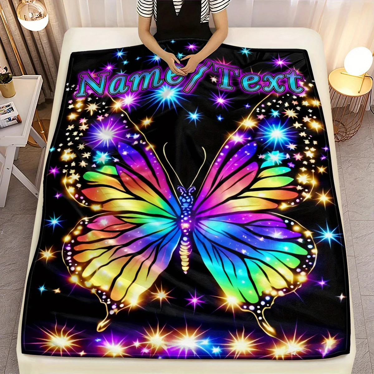 Custom Rainbow Butterfly Blanket Personalized Name Text Starry Night Design Soft Fleece Bedding Gift For Her Decor