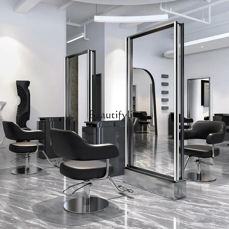

ld 30Hair salon double-sided floor-to-ceiling mirror stainless steel mirror table fashion barber shop special