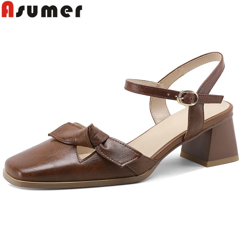 

ASUMER 2024 New Classics Genuine Leather Dress Sandals Buckle Square Med Heels Slingbacks Sandals Solid Ladies Summer Shoes