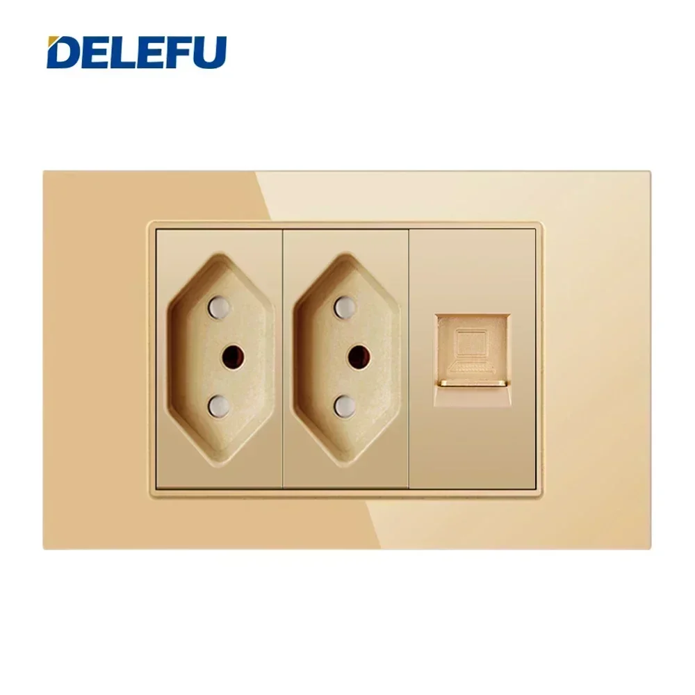 DELEFU 4*2 Gold Tempered Glass Brazil Standard Outlet Dual Usb Type C Wall Socket Light Switch Switzerland 10A 20A image 5