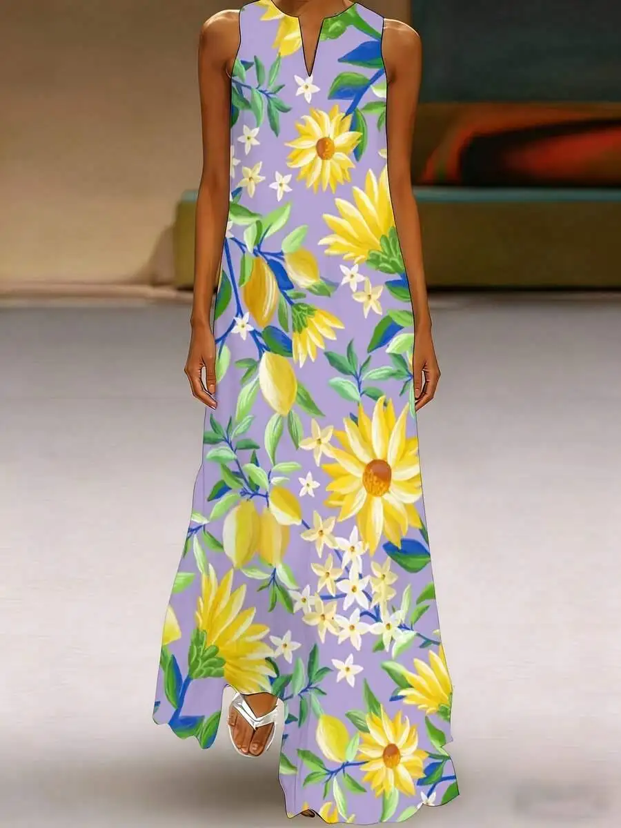 

Floral Print Sleeveless V Neck Maxi Dress Women Summer Beach Vacation Casual Long Dress