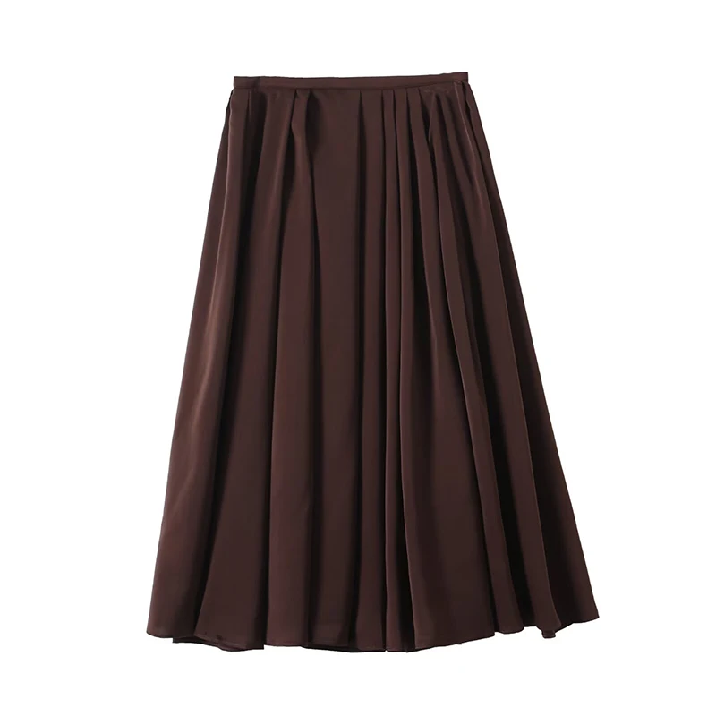 

YENKYE New French Style Elegant Midi Pleated Skirt For Women High Waist Brown Autumn Skirts faldas mujer