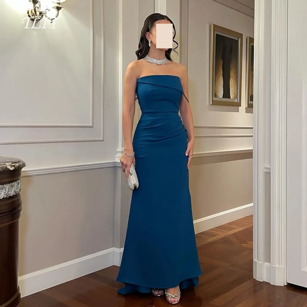 TLIT Elegant Diepblauw Elastisch Satijn Avondjurken Strapless Galajurken Enkellange Mouwloos Aangepaste فسات
