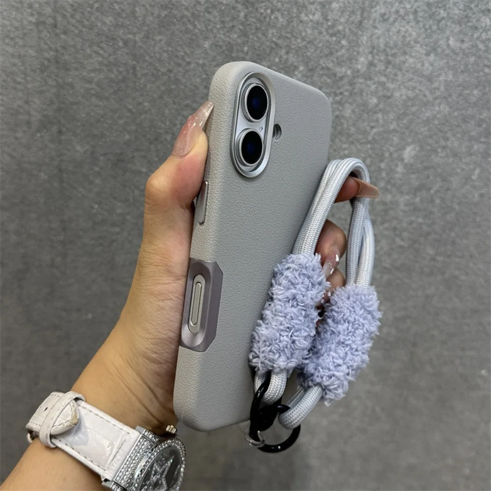 

Чехол для iPhone 16 Pro Max, магнитный светло-серый кожаный алюминиевый каркас, полное покрытие, большое отверстие