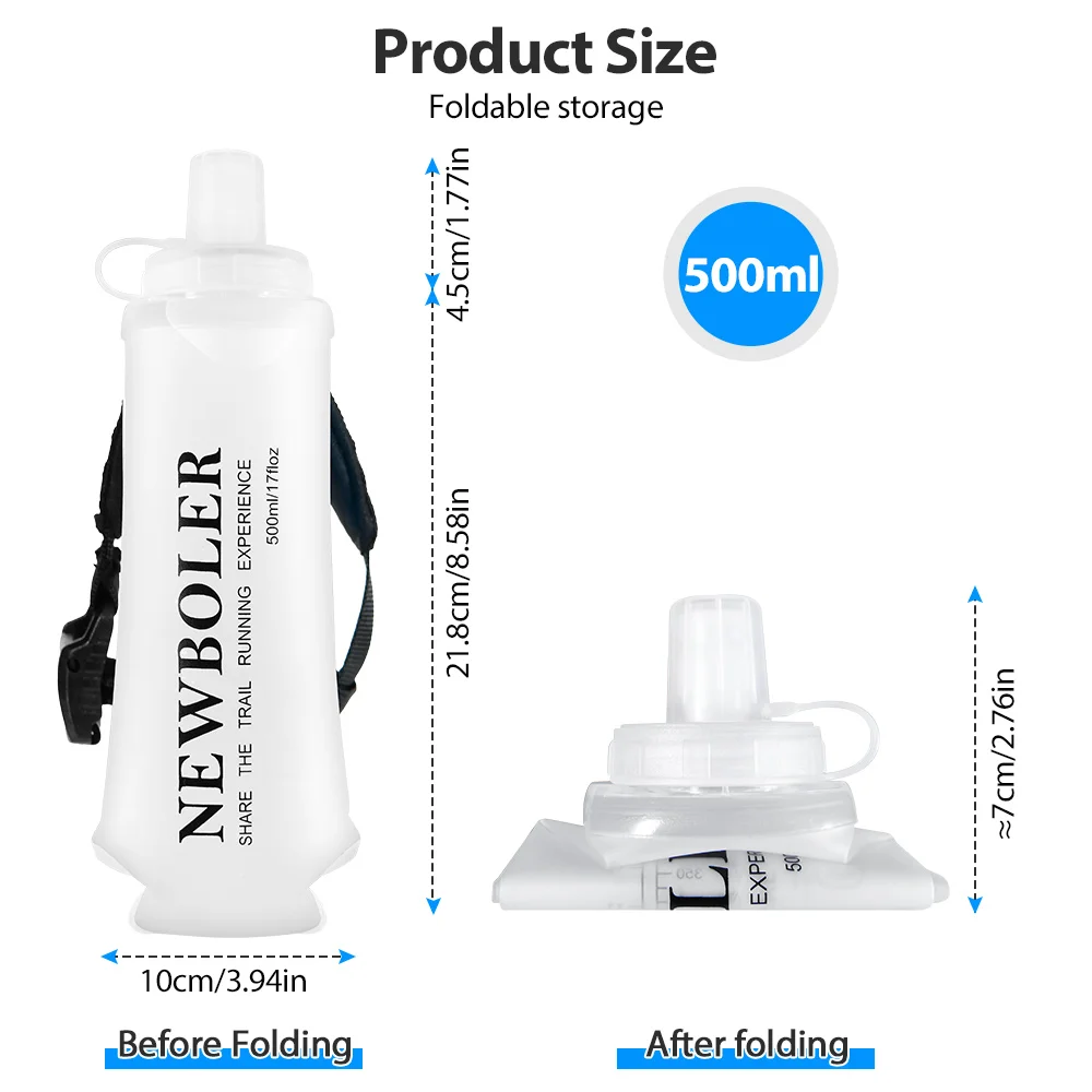Weiche TPU-Wasserflasche, 500 ml, ultraleicht, faltbar, mit Armband, fest, rutschfest, für Outdoor-Sport, Wasserbeutel, weiche Wasserflasche – Detail 7