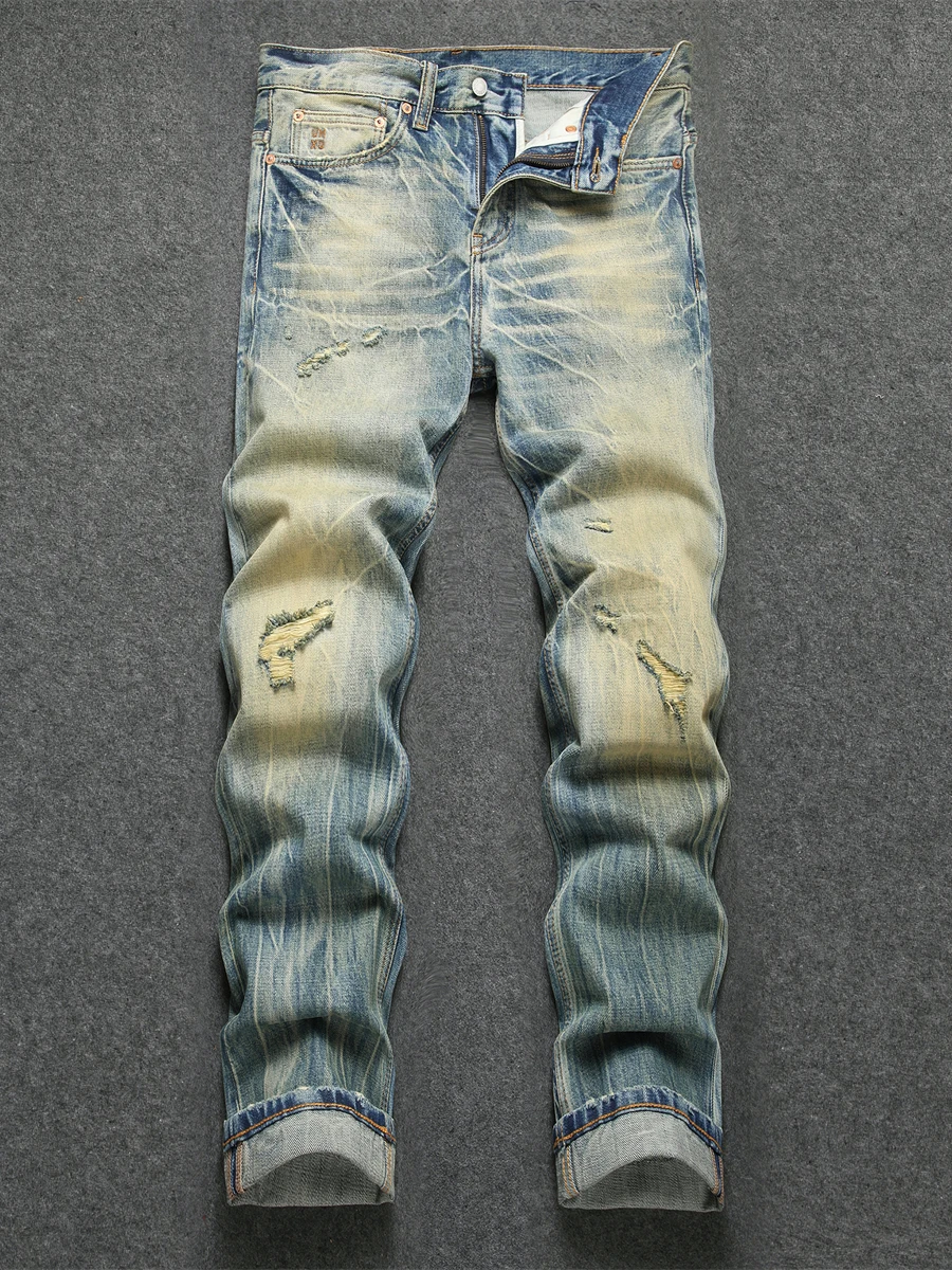 

High Quali Retro Patchwork Men's Jeans Loose Straight Leg Cotton Denim Torn Hole High Street Sle Spring Autumn Wear