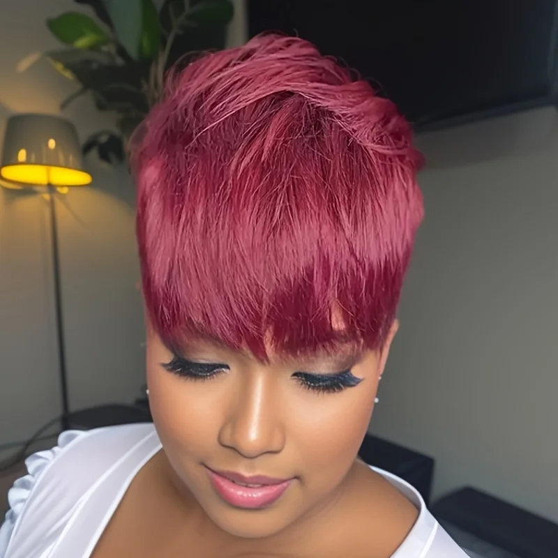 99J 짧은 인모 가발 픽시 컷 웨이브 가발 레이어드 풀 머신 메이드 여성용 가발