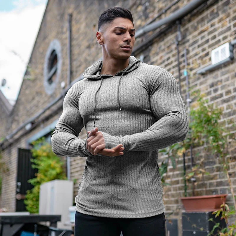 

Plain Knitted Stripe Hooded T-shirts Mens Fitness Slim Fit Hoodie Long Sleeve Pullovers Knittwear Gym Bodybuilding Sports Shirts