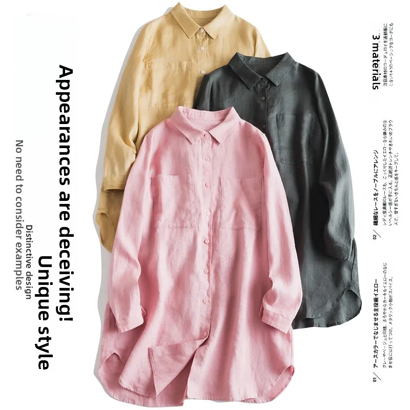 Csa  de Linho Puro de Manga Longa com Gola, Caimento Solto Artístico com Bolso ande, Agasalho Fino de Aodão e Linh...