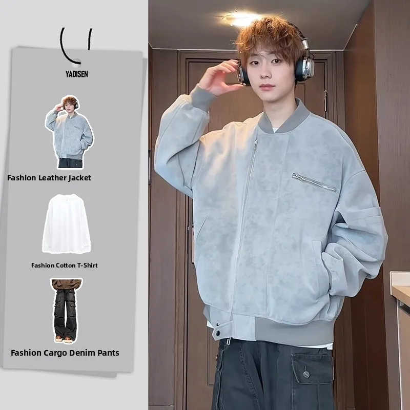 

Ретро-кожаная куртка в американском стиле, бейсбольная куртка для мужчин, крутая модная мотоциклетная куртка, парный образ, весенний сезон